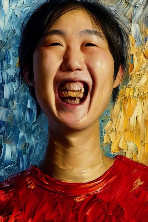 Image similar to palette knife oil painting portrait of jiahao jaja zhang is a podgy, ever - smiling follower. extreme detail, any racial background, artstation trending, artgerm, deviant art, octane, substance, art history 8 k