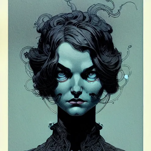 Image similar to portrait low light, by killian eng and joe fenton and martin deschambault and conrad roset, inspired by victorian sandman comic, blue and grey only, etching, fine, sharp high detail,