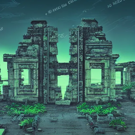 Prompt: Cyberpunk Mayan ruins