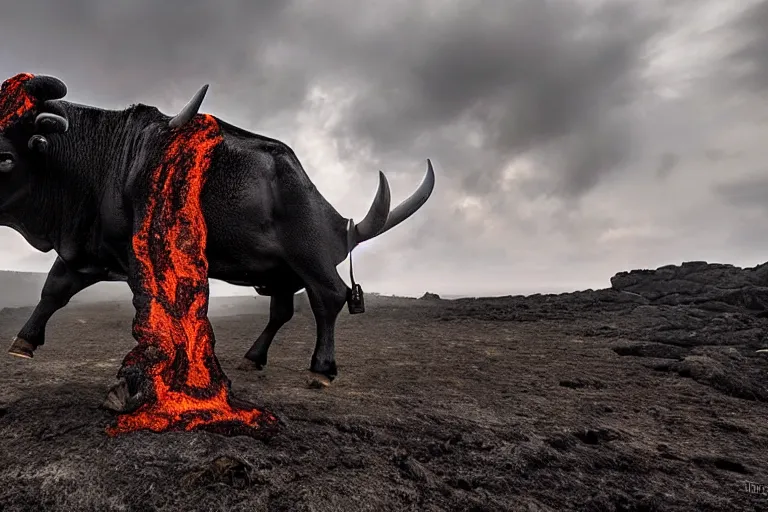 Image similar to wildlife photography bull made of lava by Emmanuel Lubezki