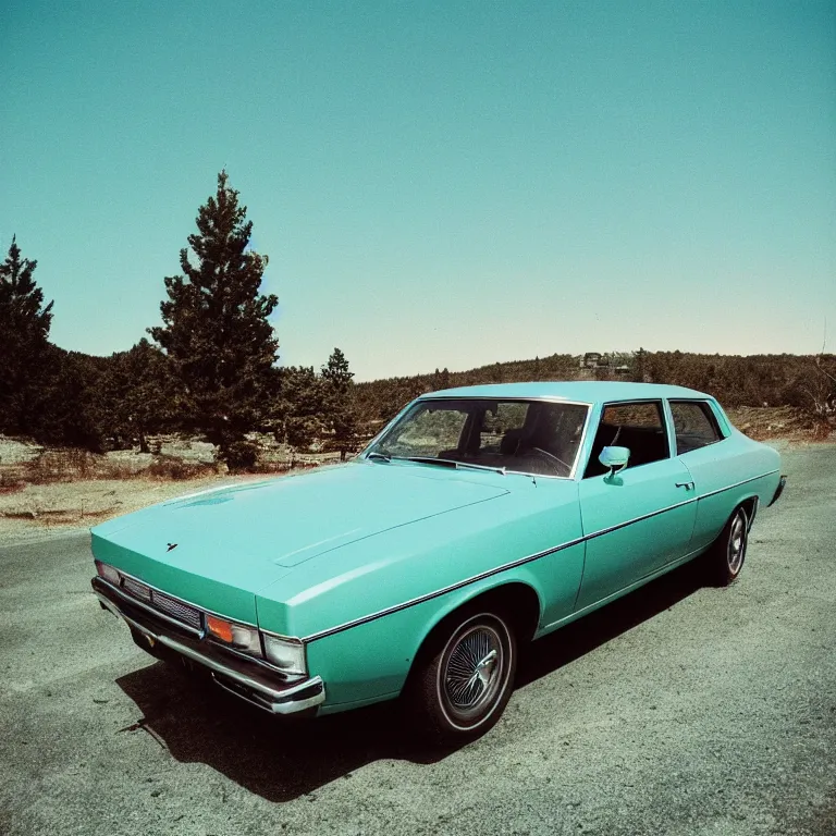 Image similar to 1 9 7 0 s car parked by the pine tree, film photo, soft lighting album cover, nostalgia, turquoise gradient