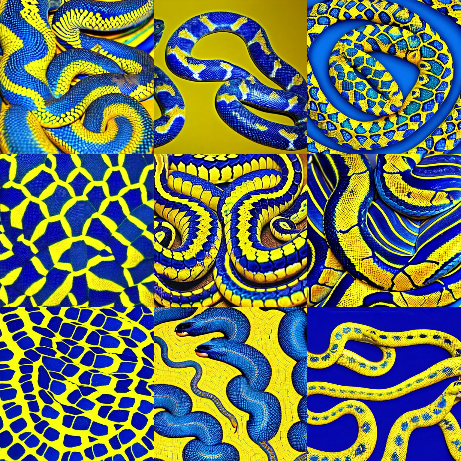 Prompt: blue and yellow pythons intwined, symmetric,mosaic