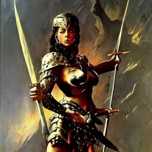 Prompt: fantasy painting by Frank Frazetta portraying a female warrior in armor,wielding a spear,high quality,beautiful,detailed