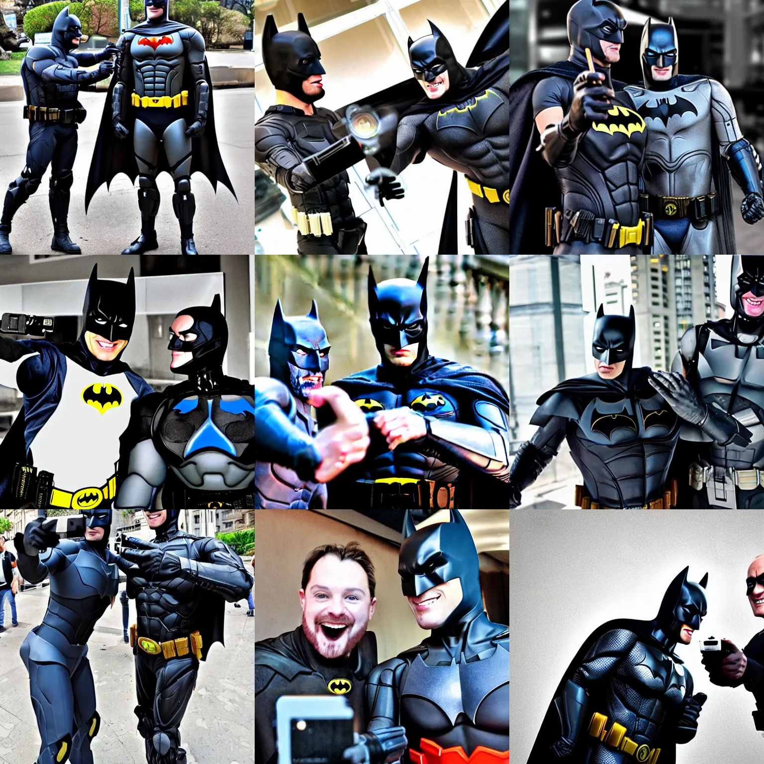 Prompt: Photography, Batman taking a selfie with Robocop, big smile