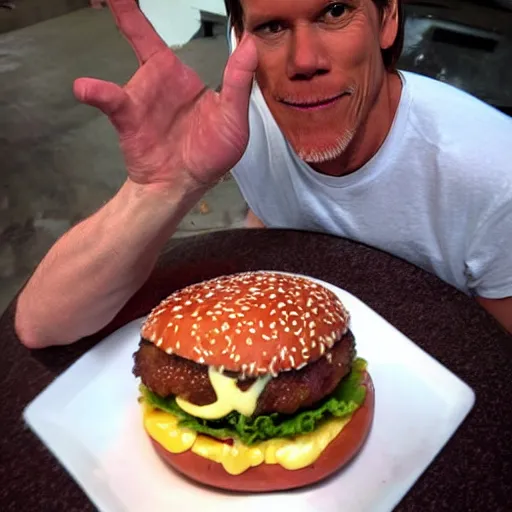 Prompt: kevin bacon face with a bacon texture wrapped inside a cheeseburger