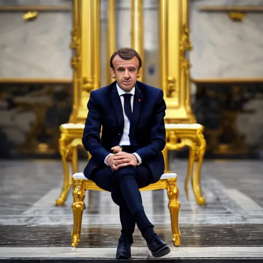 Image similar to emmanuel macron is sitting on the golden loo, detailed photography, 5 0 mm lens,
