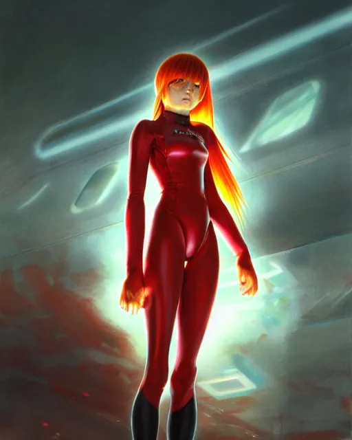 Prompt: asuka langley soryu wearing plugsuit, award winning photograph, radiant flares, realism, lens flare, intricate, various refining methods, micro macro autofocus, evil realm magic painting vibes, hyperrealistic painting by michael komarck - stephen gemmell