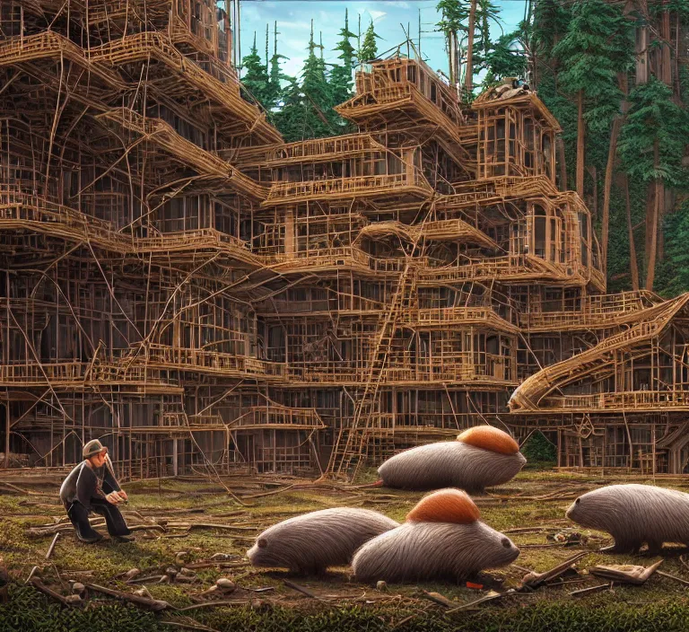 Image similar to hyperrealism caravaggio style photography hyperrealism concept art of highly detailed beavers builders that building highly detailed futuristic from far future city by wes anderson and hasui kawase and scott listfield sci - fi style hyperrealism rendered in blender and octane render volumetric natural light
