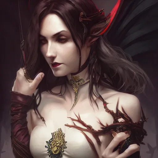 Image similar to Vampire, female, closeup, D&D, fantasy, intricate, elegant, highly detailed, digital painting, artstation, concept art, matte, sharp focus, illustration, hearthstone, art by Artgerm and Greg Rutkowski and Alphonse Mucha