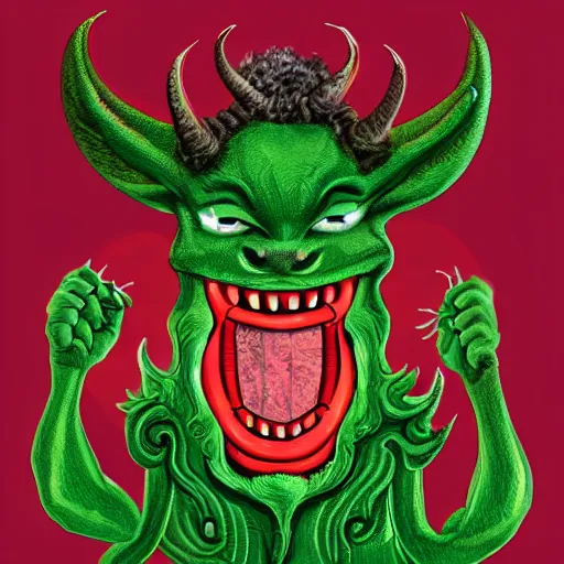 Image similar to Lucifer with bright red skin and curly horns and a big bright white smile offering a bag full of green dollar bills