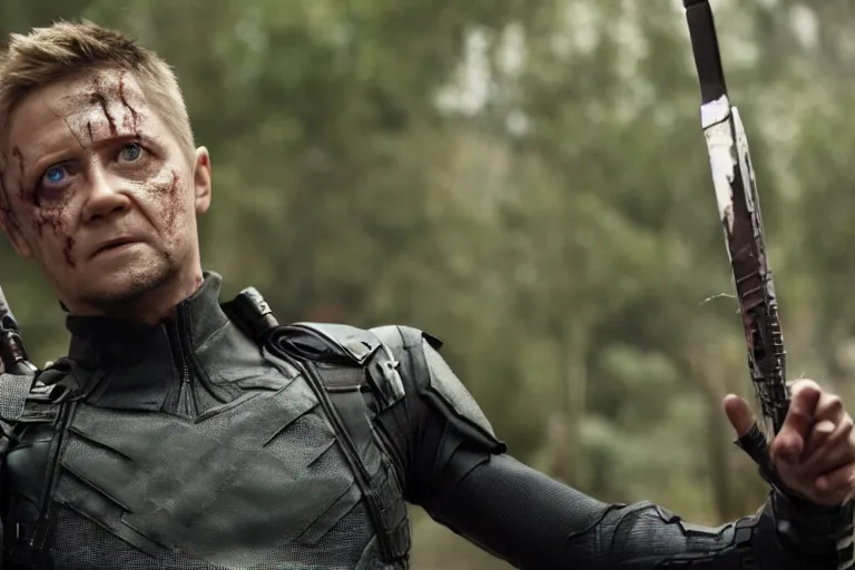 Image similar to film still of Hawkeye as a zombie in new avengers movie, 4k