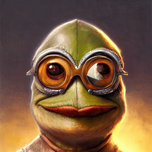 Prompt: pepe the frog as aragorn by alan lee, leather armor, golden hour, concept art, detailed clothing, art station, oil painting, art by artgerm and greg rutkowski and alphonse mucha