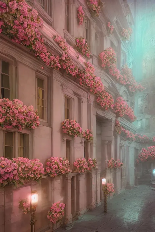 Image similar to Baroque style building full of roses, soft pastel neon lighting, highly detailed, photo realistic, volumetric lighting, cinematic