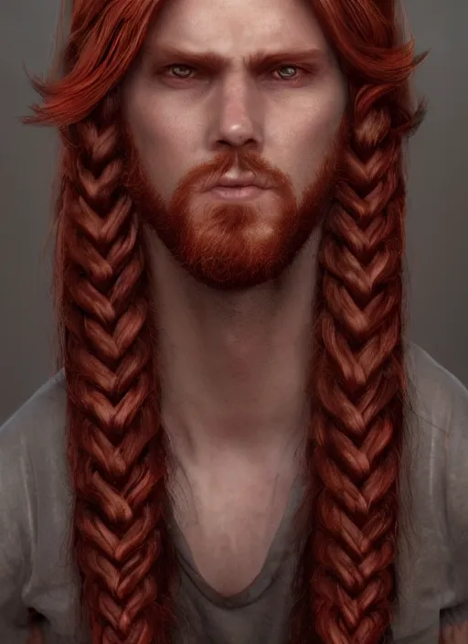 Prompt: fantasy, portrait painting of a long haired, braided hair, red headed male, handsome, unreal engine 5, DAZ, hyperrealistic, octane render, cosplay, RPG portrait, dynamic lighting