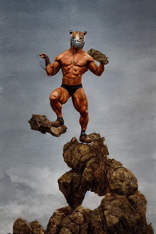 Image similar to a humanoid muscular man with a tiger mask stands on a rock by greg rutkowski, magic realism, hyper realistic, 2 0 0 mm lens