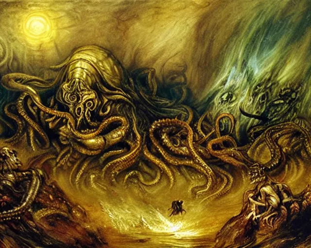 Prompt: an oil painting of cthulhu fighting an army in a forest, intricate, elegant, highly detailed, turner