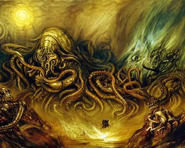 An Oil Painting Of Cthulhu Fighting An Army In A 