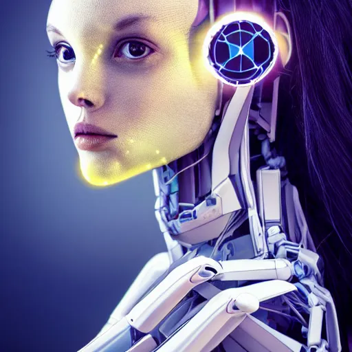 Image similar to beautiful centered fine art photo portrait of graceful girl with solarpunk mecha humanoid parts with led lights, serpentine pose gesture, photorealistic, white background, highly detailed and intricate, soft box lighting, shallow depth of field hdr 8 k