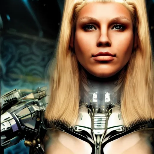 Image similar to full body of a very pretty blond borg queen on a borg ship, cybernetic implants, perfect face, symmetrical face, moody lighting, shallow depth of field,