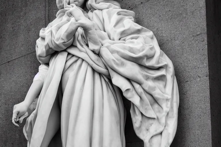 Image similar to well lit fashion shoot portrait of extremely beautiful female marble statue wearing huge over size puffer jacket by dingyun zhang, yeezy, balenciaga, vetements, a cold wall, sharp focus, clear, detailed,, cinematic, detailed, off white, glamourous, symmetrical, vogue, editorial, fashion, magazine shoot, glossy