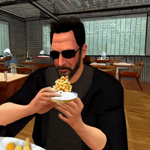 Prompt: jc denton from deus ex videogame eats cereal at a table near liberty island