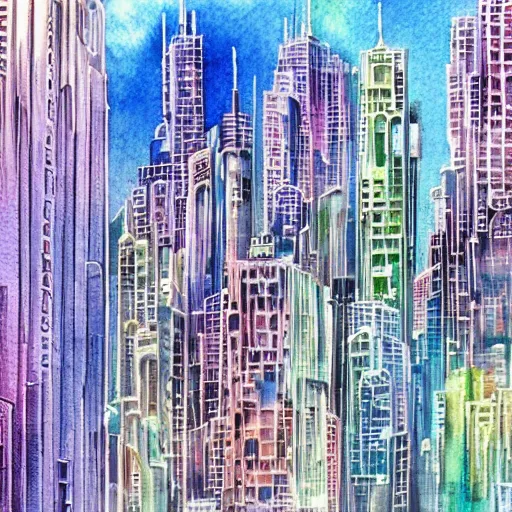 Prompt: watercolor futuristic city