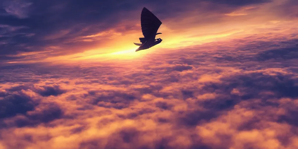 Image similar to an elephant flying over the clouds, sunset, moody, anime, cyberpunk