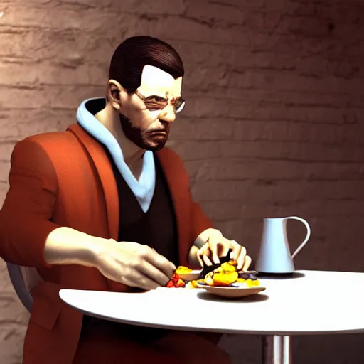 Image similar to jc denton from deus ex eats cereal at a table near liberty island, high quality, photorealistic, highly detailed, 4 k, hd