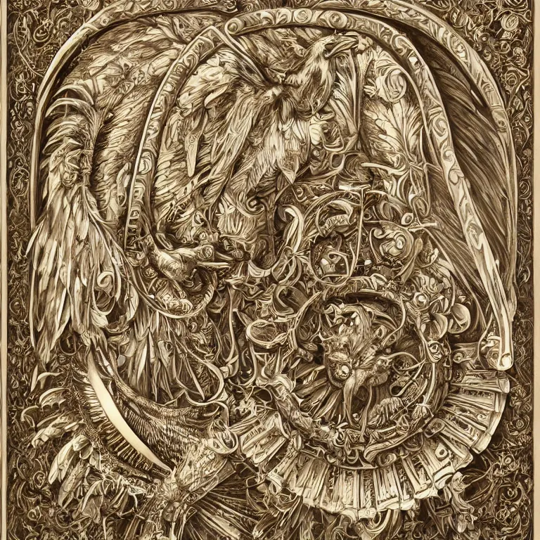 Prompt: beautiful symmetrical detailed engraving of a ceremonial hawk god, classical ornamental entail design, fibonacci flow, acroteria, encarpus, bead and reel, large medium and small elements, escutcheon emblem, by russ abbott, albrecht durer, artgerm, rutkowski, trending on artstation, 8 k