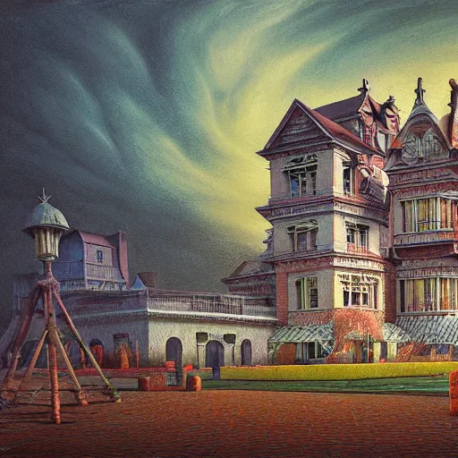 Prompt: hyper detailed 3d render like a Oil painting - the lunatic asylum, lovely pastel colors, by Jacek Yerka, Mariusz Lewandowski, Abstract brush strokes, Houdini Algorithmic Generative Art, Masterpiece, Edward Hopper and James Gilleard, Zdzislaw Beksinski, Mark Ryden, Wolfgang Lettl, hints of Yayoi Kasuma, octane render, 8k