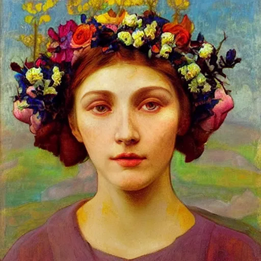 Image similar to the flower crown, by Annie Swynnerton and Nicholas Roerich, elaborate costume, flowers, rich color, dramatic cinematic lighting, smooth, sharp focus, extremely detailed