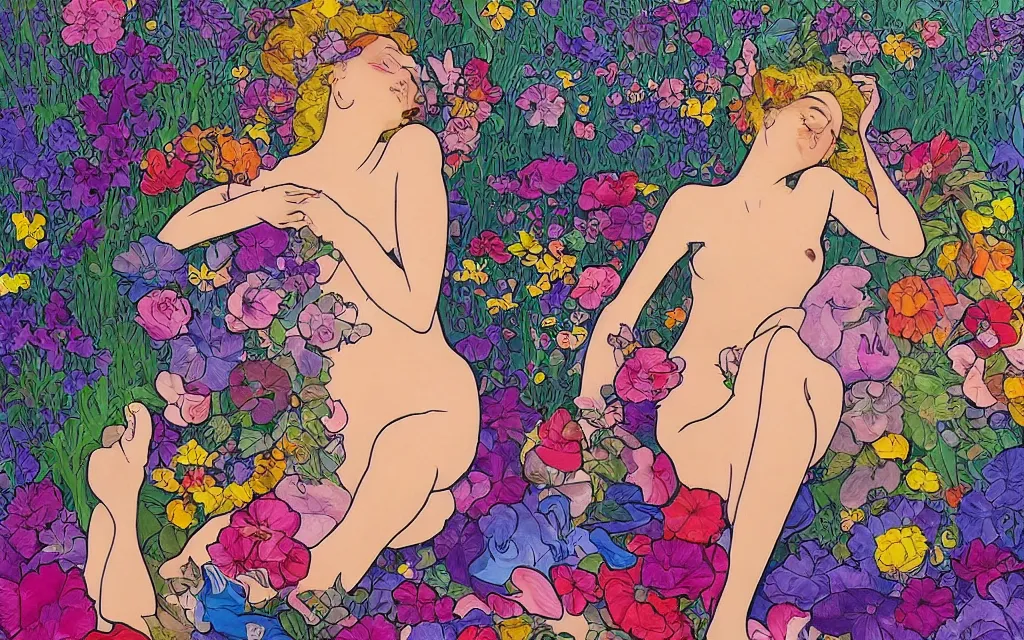 Prompt: daydream i dream of you amid the flowers for a couple of hours, such a beautiful day i dream a dirty dream of you baby you're crawling on the bathroom floor, in the style of lisa frank and alfons mucha