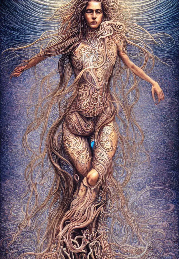 Image similar to perfectly centered full body front view of a beautiful biomechanical moon goddess, flowing hair, intense stare, sweet smile, symmetrical, concept art, intricate detail, volumetric shadows and lighting, psychedelic colors, realistic oil painting, alex grey, gustave dore,