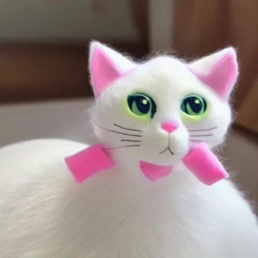 Prompt: a cute white cat plush with pink ears and a pink nose