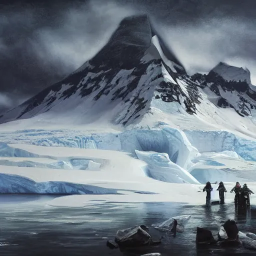 Image similar to menacing absence trailblazer Antarctica glacial cult incomprehensible reality ambience, realistic fantasy, oil painting, extremely high detail, photorealistic, cinematic lighting, oil painting, intricate line drawings, 4k resolution