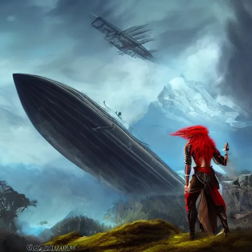 Prompt: male sky-pirate with long red hair standing in front of an airship, high detail face, realistic, ultra detailed, shallow focus, forest, mountains in the background concept art design as if designed by Wētā Workshop