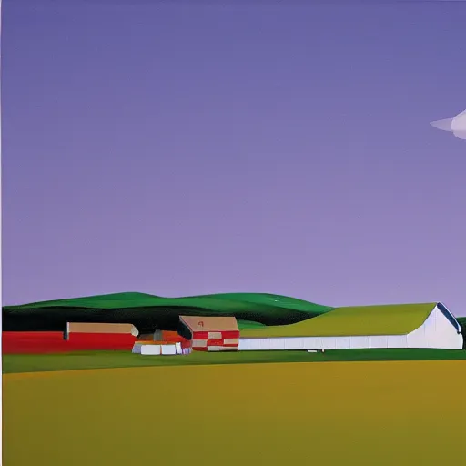 Image similar to dreaming futuristic rural landscape with modern houses, painted by Alex Katz and Edward Hopper, airbrush, highly detailed