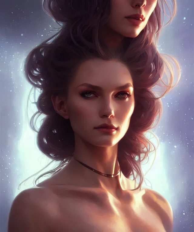 Image similar to futuristic woman portrait, sci-fi, amber eyes, face, long hair, fantasy, intricate, elegant, highly detailed, digital painting, artstation, concept art, smooth, sharp focus, illustration, art by artgerm and greg rutkowski and alphonse mucha