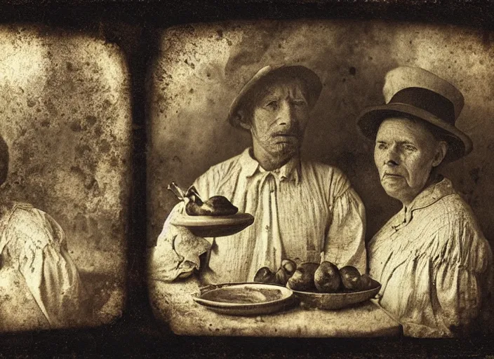 Prompt: old wetplate daguerreotype potato eaters by van gogh, fractal, intricate, elegant, highly detailed, parallax, leica, medium format, subsurface scattering, by jheronimus bosch and greg rutkowski and louis jacques mande daguerre