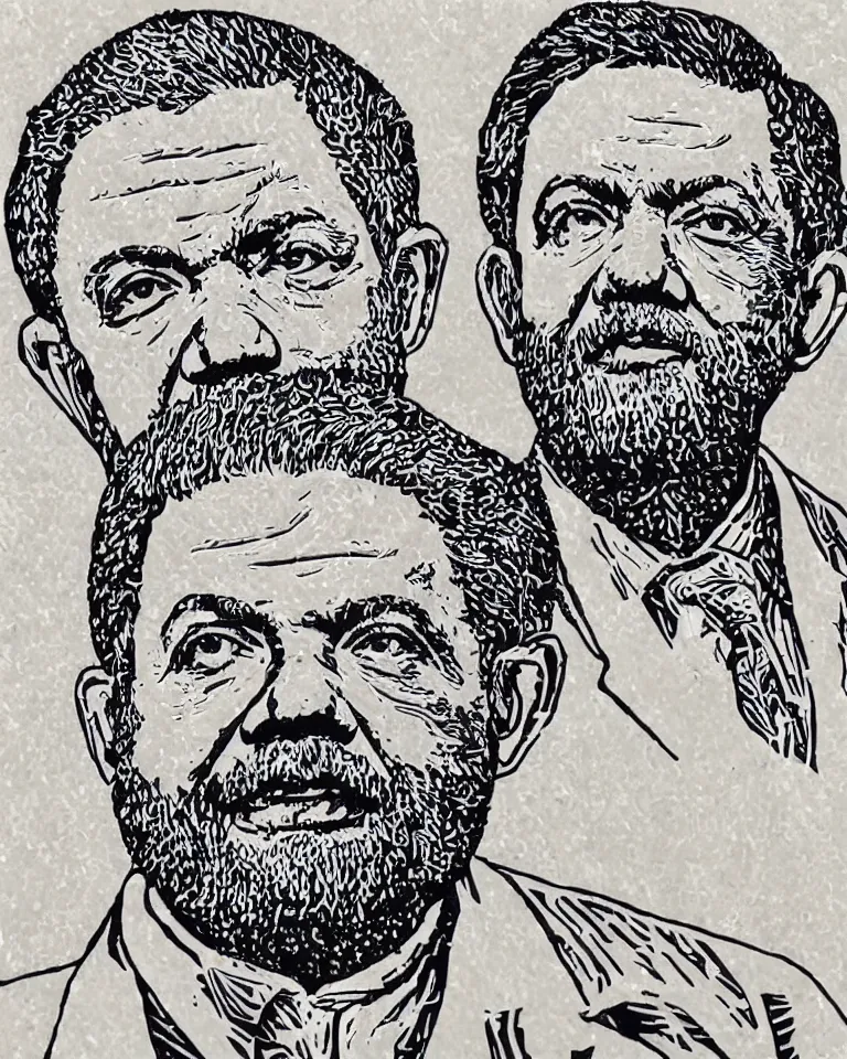 Image similar to a detailed lifelike linocut engraving of president lula