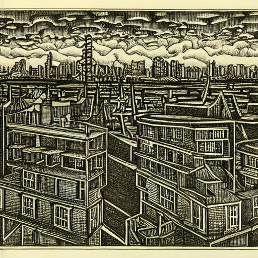 Image similar to a city by the river, drawing by m. c. escher