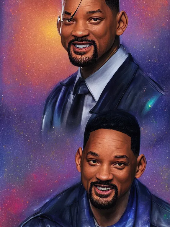 Image similar to portrait art of Will Smith with a suitcase with his face on it 8k ultra realistic , lens flare, atmosphere, glow, detailed, intricate, full of colour, cinematic lighting, trending on artstation, 4k, hyperrealistic, focused, extreme details, unreal engine 5, cinematic, masterpiece