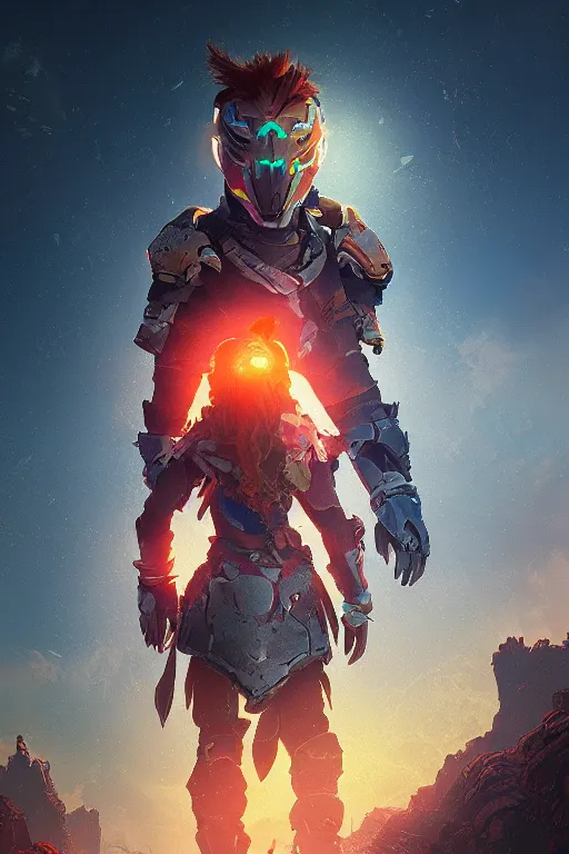 Image similar to combination suit armor aloy horizon forbidden west horizon zero dawn radiating a glowing aura global illumination ray tracing hdr fanart arstation by ian pesty and alena aenami artworks in 4 k tribal robot ninja mask helmet backpack