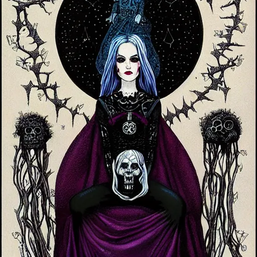 Image similar to the gothic wiccan beautiful queen witch occult woman sitting atop her throne made of skulls by gerald brom by anna steinbauer by kelly mckernan by edward gorey, trending on artstation