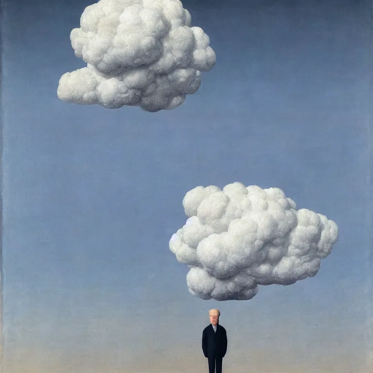 Prompt: portrait of a man whos head is a cloud, his head is hidden with cloud, by rene magritte, detailed painting, hd, hq, high resolution, high detail, 4 k, 8 k