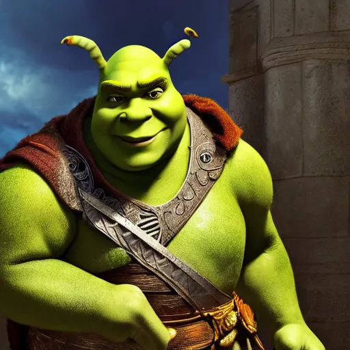 Image similar to shrek from shrek as a glorious devout shining powerful epic amazing awesome very handsome attractive muscular stylish knight in shining golden armor riding donkey, fantasy art, highly detailed, photorealistic, octane render, 8 k, unreal engine, art by leonardo devinci