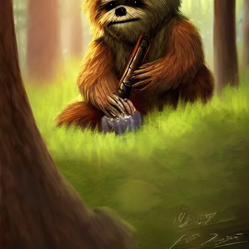 Image similar to cute ewok bathing in the forest, artstation, colorful