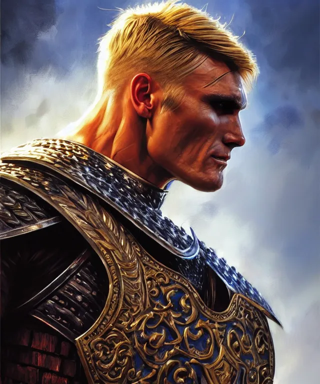 Image similar to a ( fantasy comic ) ( cover art ) portrait of ( young dolph lundgren ) as a ( royal knight ) kneeling before the viewer, oil painting by greg rutkowski and serhiy krykun and artgerm, photorealistic, d & d, highly detailed!, hd, 4 k, trending on artstation