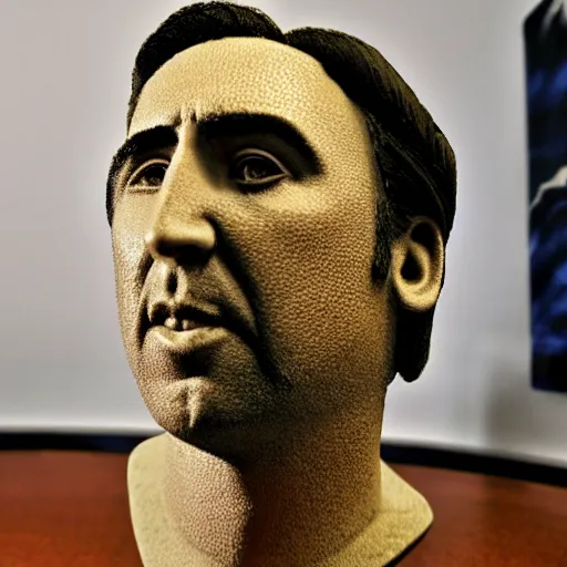 Image similar to bust of nicolas cage made in minecraft