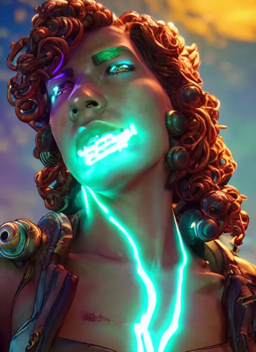 Image similar to glowwave portrait of curly hair muscular hot girl from borderlands 3, au naturel, hyper detailed, digital art, trending in artstation, cinematic lighting, studio quality, smooth render, unreal engine 5 rendered, octane rendered, art style by klimt and nixeu and ian sprigger and wlop and krenz cushart.